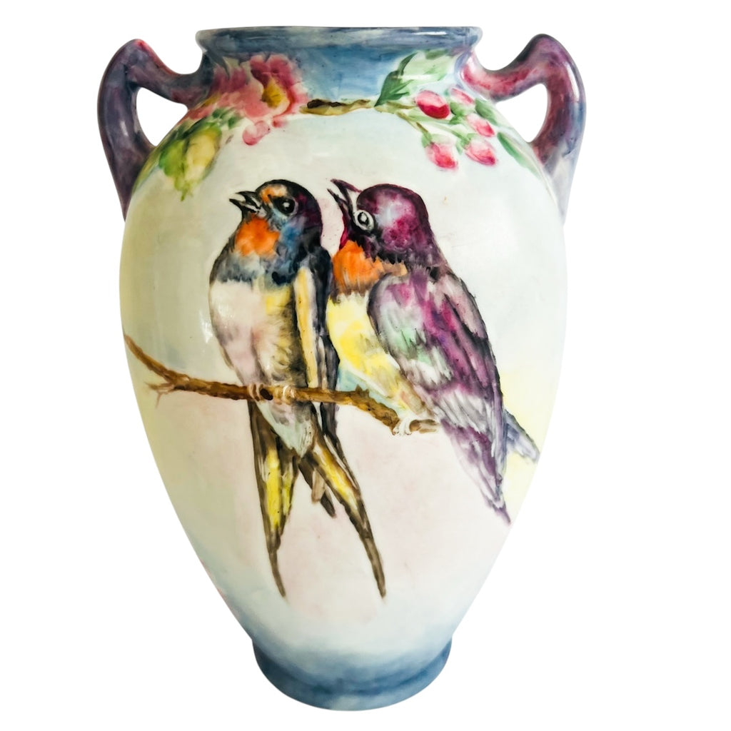 Vintage Hand Painted Birds Two-Handled Japan Vase