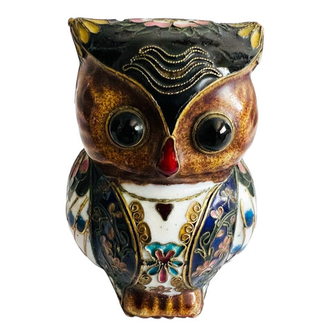 Vintage Cloisonne Enamel Brass Owl Figurine