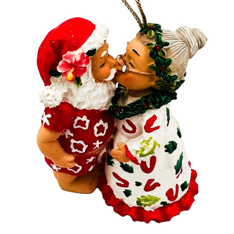 Vintage Island Heritage Hawaiian Kissing Santa Mrs Claus Christmas Ornament