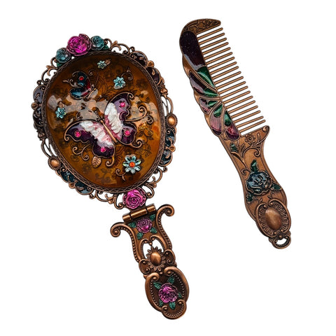 Victorian Colorful Butterfly Metal Comb with Foldable Mirror