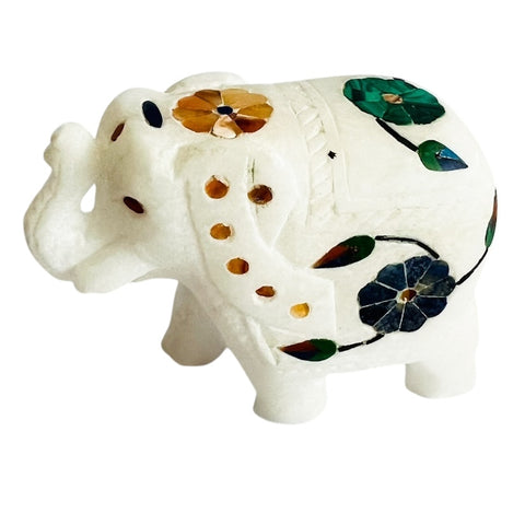 Vintage White Marble Elephant Sculpture Floral Gemstone Figurine