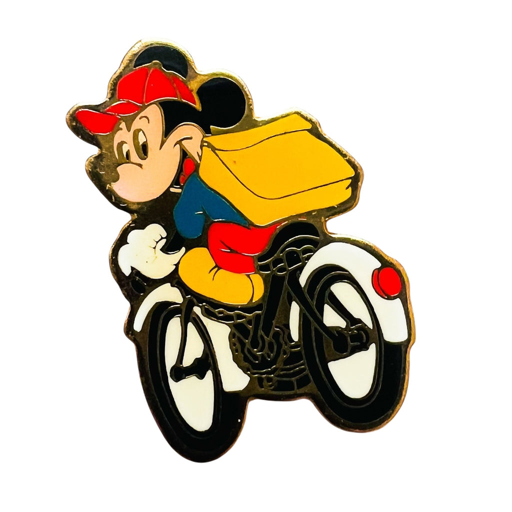 Disney 1990s Mickey Mouse on Black White Bicycle with Backpack Pin