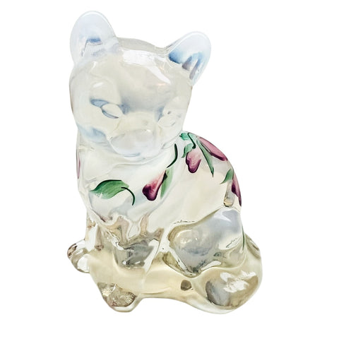 Fenton Art Glass White Opalescent Cat Hand Painted Artist Signed