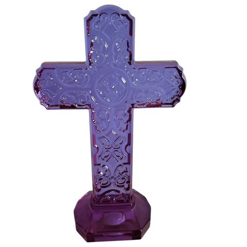 Religious Cross Standing Purple Crystal Art Glass Statue