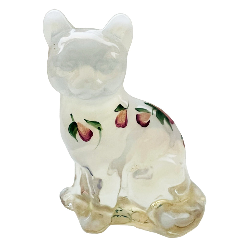 Fenton Art Glass White Opalescent Cat Hand Painted Signed Artist A Meeks