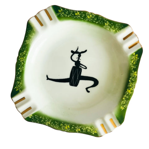 Vintage Dancer Silhouette Green & Gold Trim Square Ceramic Ashtray