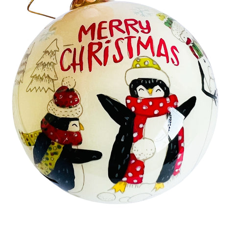 Pier 1 Christmas Hand Painted Glass Merry Christmas Penguin 2019 Ornament