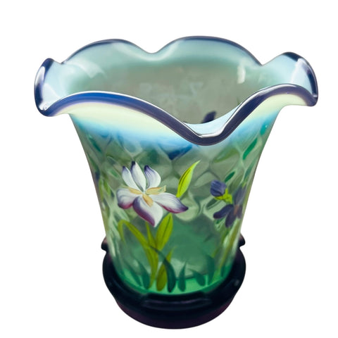 Fenton Hand Painted Floral Flip Vase Opalescent Optic Green Vase with Stand