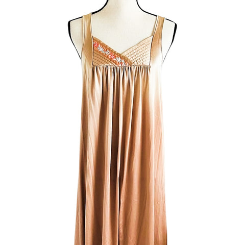 Vintage Golden Brown Quilted Sleeveless with Floral Embroidery Long Nightgown