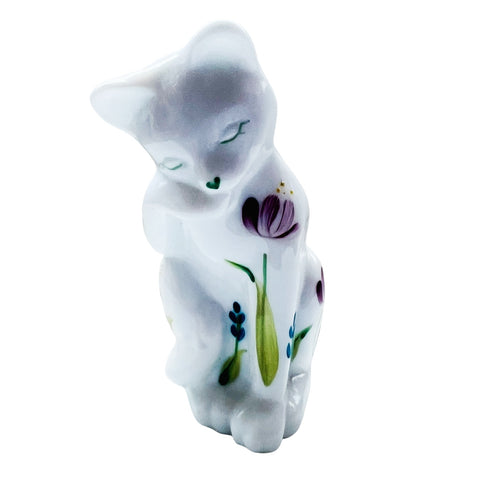 Fenton Milk Glass Kitty Floral Print Handpainted Signed Figurine