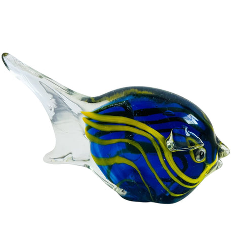 Vintage Art Glass Angle Fish Clear Blue Yellow Figurine Paperweight