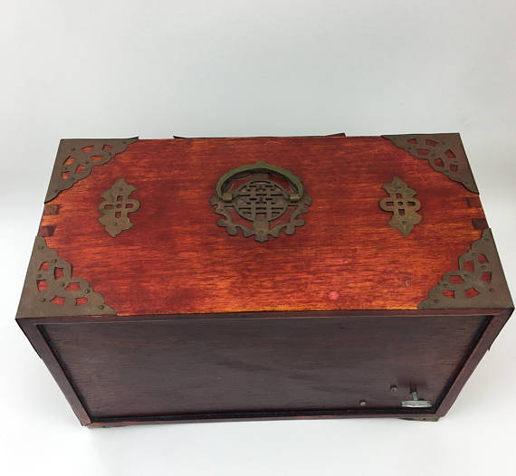 Vintage Oriental Chinese Wood Wooden Jewelry Box Brass And Ornate Carv ...