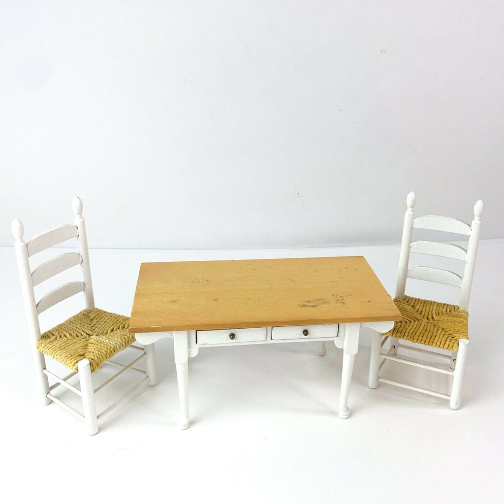 Dollhouse Miniature Kitchen Furniture White Wood Dining Table 2 Chairs